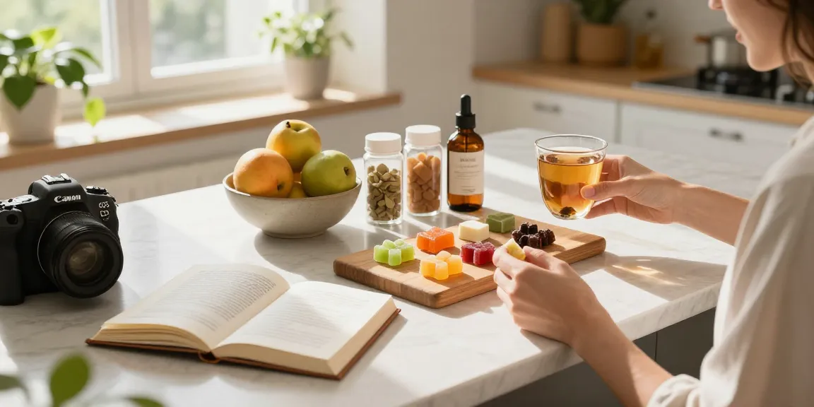 Explore cannabis edibles in a cozy kitchen setting with natural wellness elements, showcasing gummies and herbal tea.