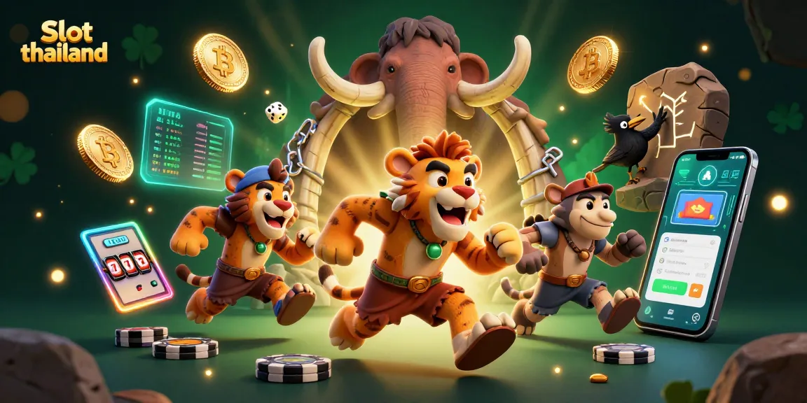 Play thrilling slot thailand games with cave-themed characters and vibrant casino elements in this dynamic illustration.