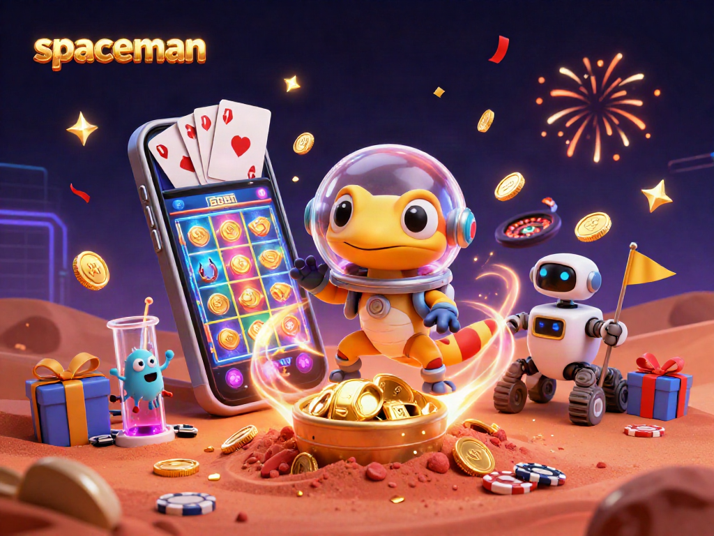 When the spaceman encounters a hidden casino on Mars with vibrant slot games and treasures.