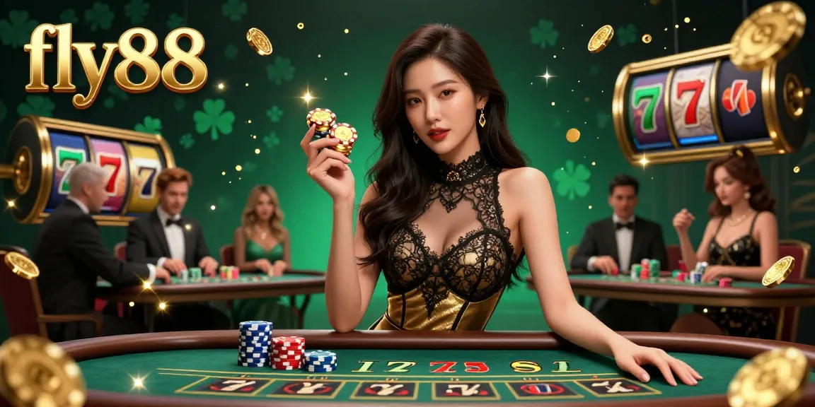 Experience the excitement of fly88 at VIP baccarat, filled with gold chips, vibrant casino elements, and high-stakes ambiance.