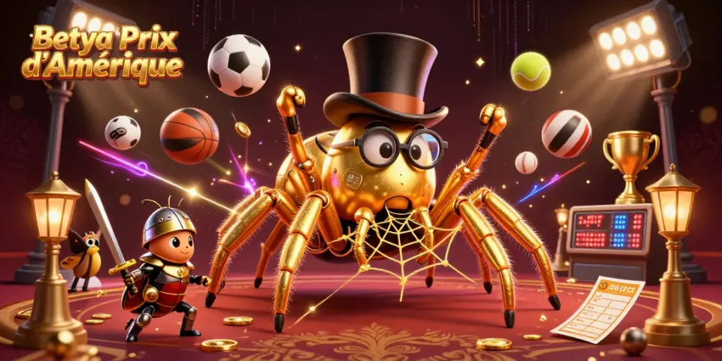 Experience thrilling action with Betya Prix d'Amérique in a vibrant 3D illustration of a golden tarantula and beetle knight.