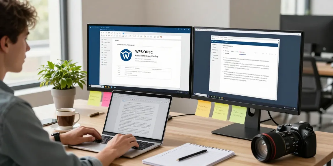 Download WPS Office while working at a modern tech desk featuring dual monitors and productivity tools.