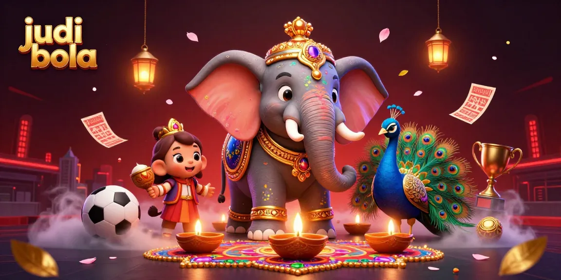 Engage in judi bola with vibrant sports betting elements featuring a decorative elephant, peacock, and dynamic betting items.