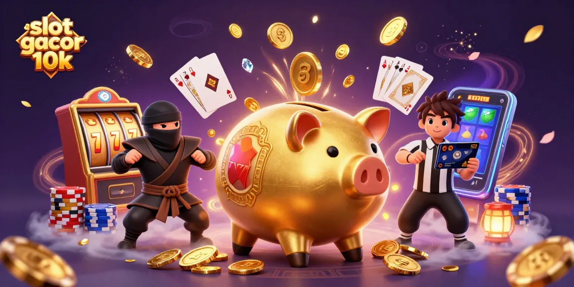 Slot gacor depo 10k: Celengan babi sumo mengeluarkan koin emas dalam atmosfer kasino yang meriah.