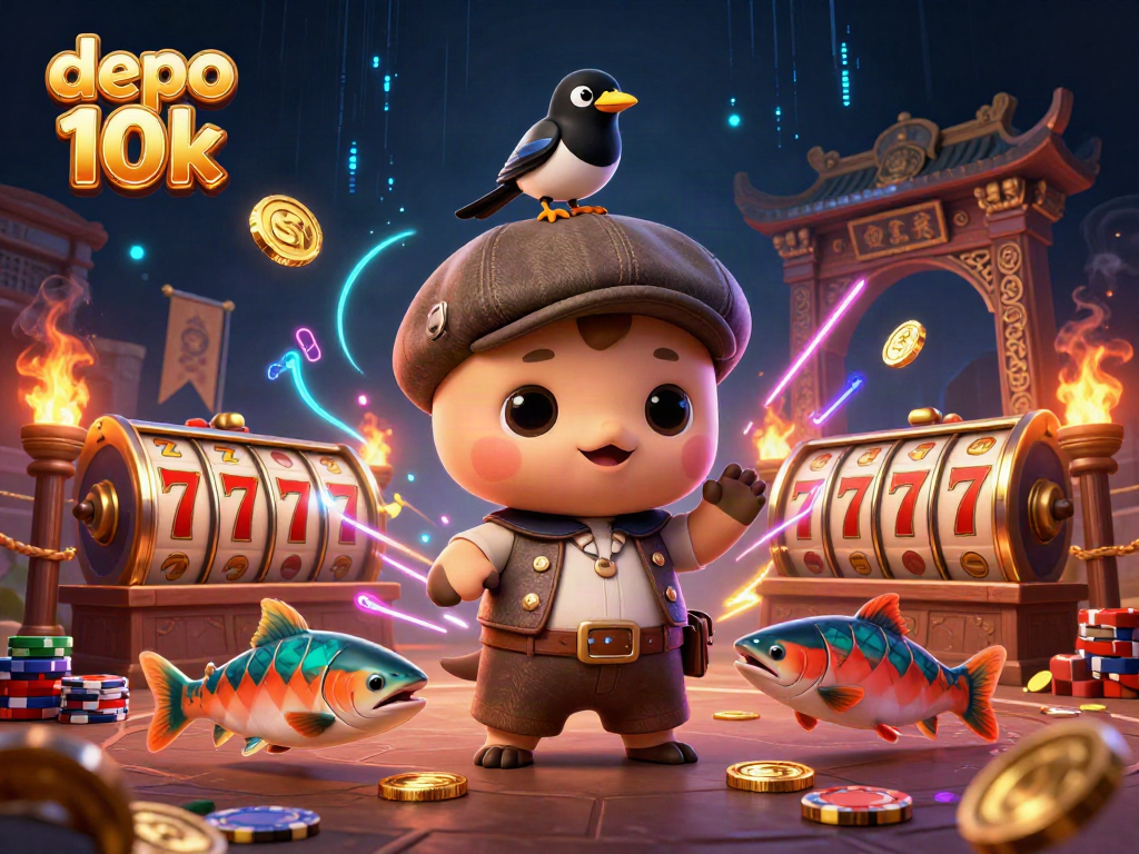 Engage in thrilling gaming adventures with depo 10k, showcasing vibrant characters and dynamic casino elements.