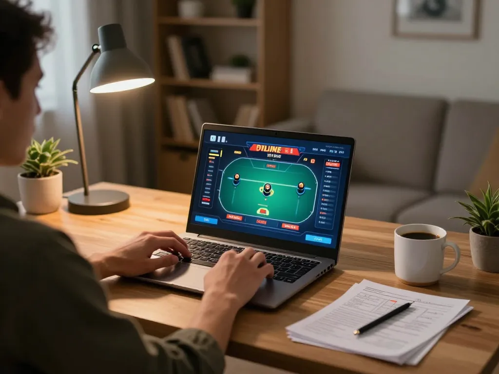Fly88 players engaging in strategic online gambling with a cozy home setup.