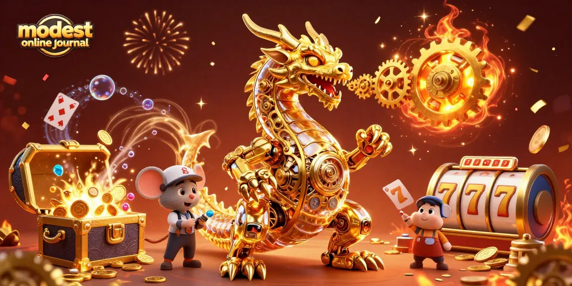 Engaging 3D illustration of a golden dragon and mouse engineers at a vibrant casino scene for modest online journal.