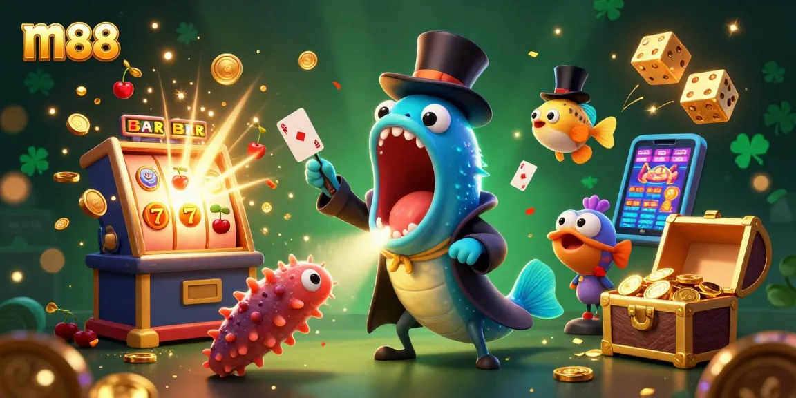 Experience the m88 magic with a deep-sea eel performing gambling tricks amidst vibrant casino games.