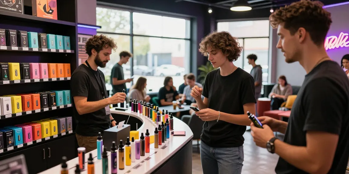 Customer exploring Muha Meds products in a vibrant urban vape shop.