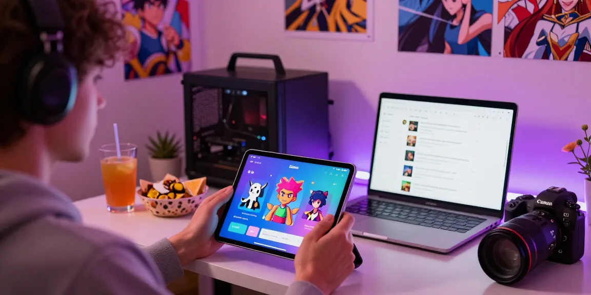 Interactive user enjoying the Status app, creating avatars and engaging with characters in a cozy gaming atmosphere.
