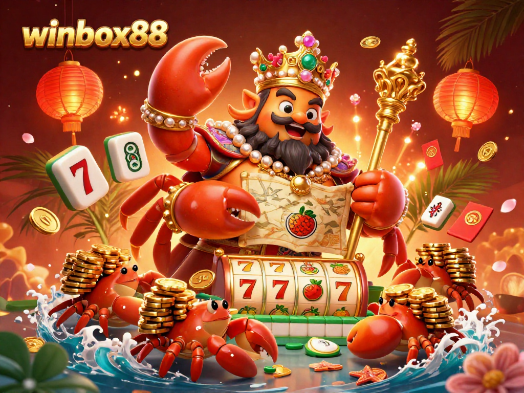 Experience the excitement of winbox88 with a vibrant illustration featuring a golden crab emperor and casino elements.