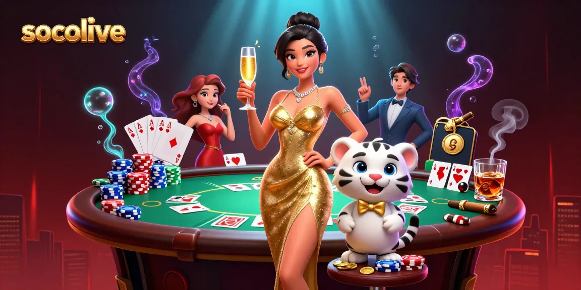 Socolive offers dynamic poker action with dazzling visuals featuring a glamorous woman and a lucky tiger.