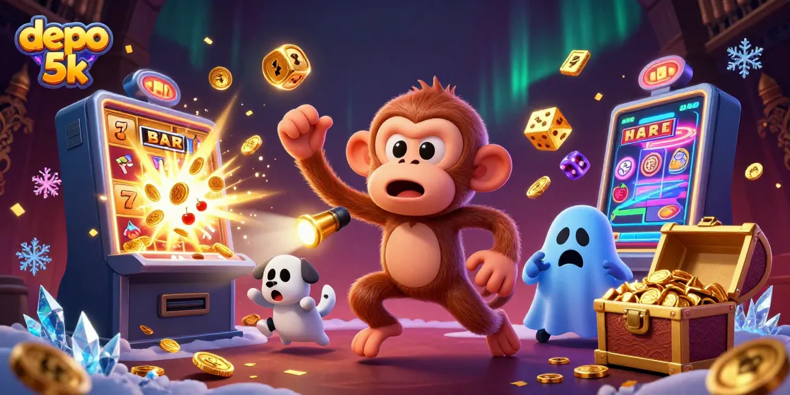 Engage in thrilling payouts with depo 5k slot machine surrounded by a playful poltergeist monkey and curious puppy