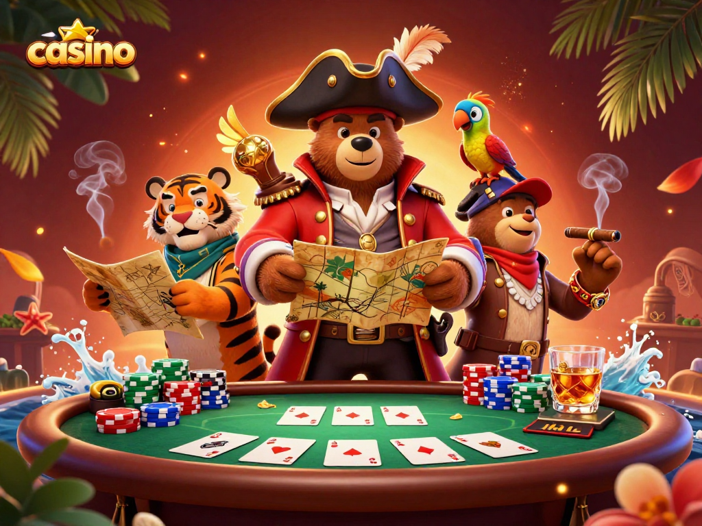 Engage in thrilling casino action with a pirate captain bear, fierce tiger, and treasure map.