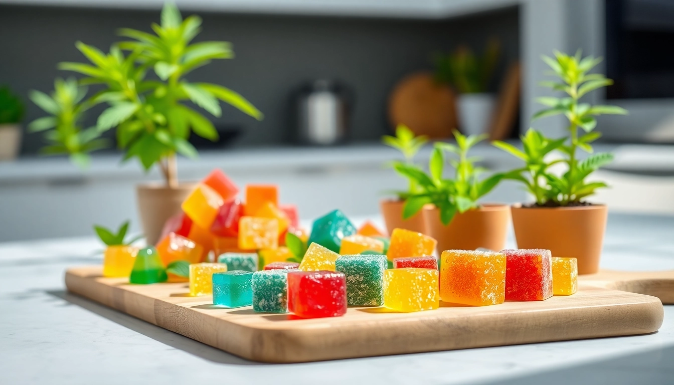 Showcase Weed Gummies in bright kitchen light, emphasizing their colorful and healthy appeal.