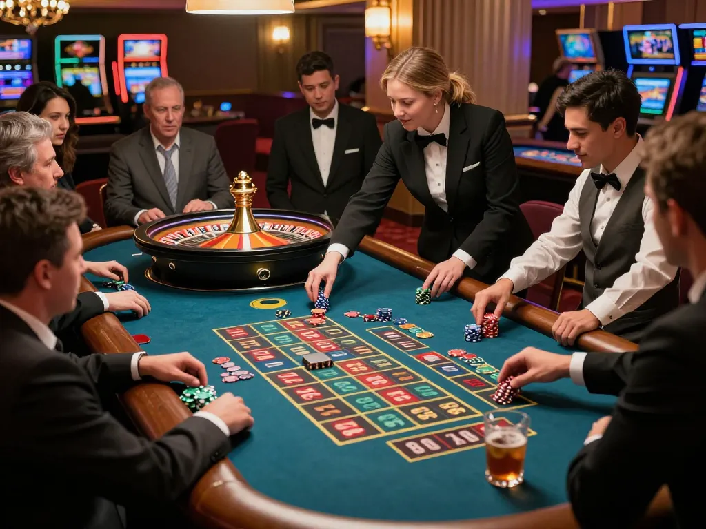 Engaging roulette session at a bustling casino, showcasing the excitement of players at a situs slot.