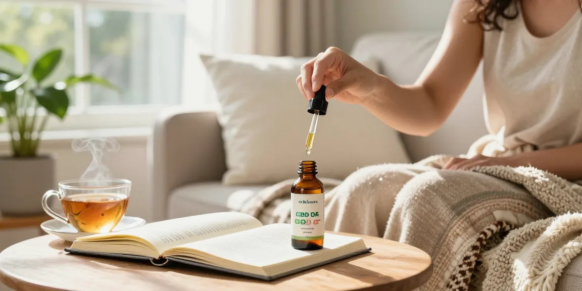 Wellness enthusiast enjoying CBD oil from cbdnorth.co in a bright, cozy home setting.