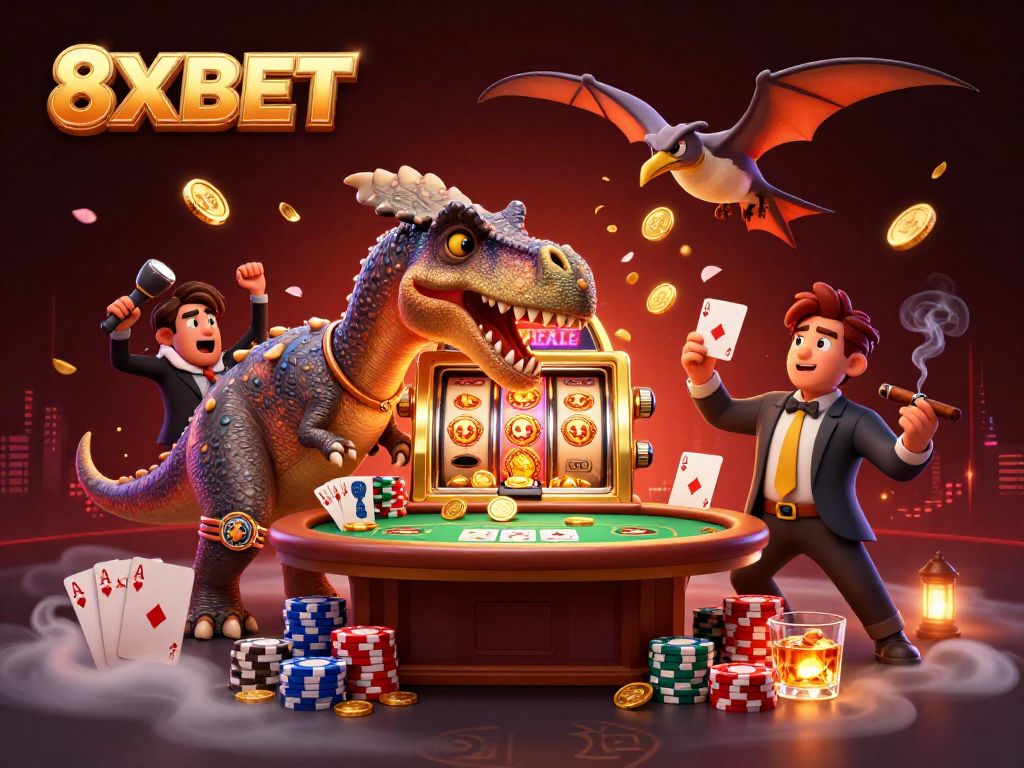 Experience the fun at 8XBET with a pachycephalosaurus and friends winning at slots!