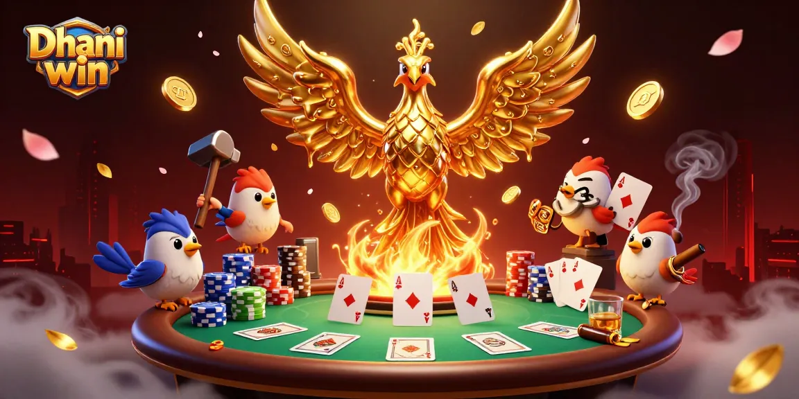 Dhani win platform showcases a thrilling scene with a molten golden phoenix and poker elements in action.