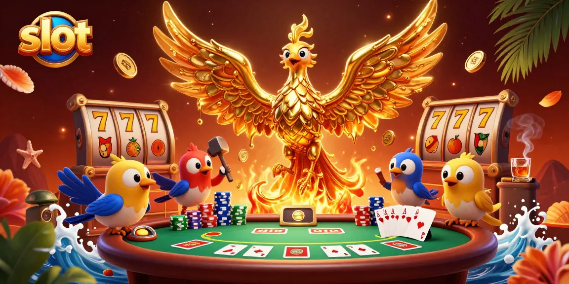 Spin the slot reels with golden phoenix and vibrant casino elements, capturing excitement.