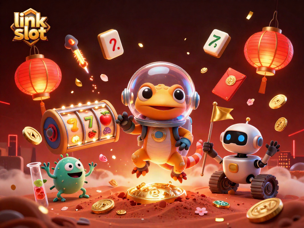 Win big with link slot: a 3D illustration of a gecko at a Martian casino.