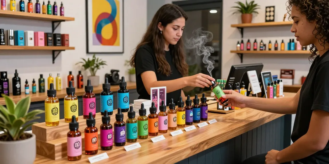 Explore THC vape The 10/10 Boys brand with colorful e-liquids displayed in a trendy shop environment.