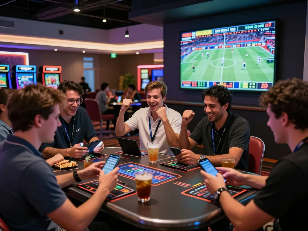 Bettors engaged in live sports betting at BJ88, surrounded by screens showcasing exciting matches.