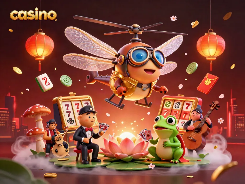 Experience the thrill at a vibrant casino with a dragonfly pilot and frog croupier in this lively digital illustration.