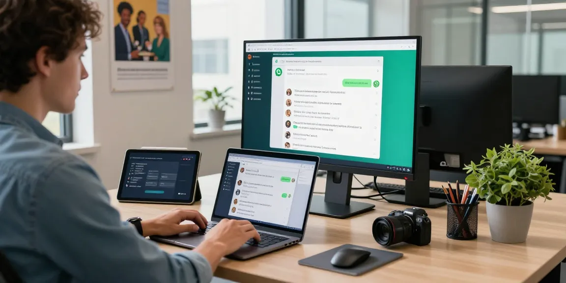 Professional using WhatsApp電腦版 on a laptop in a modern office workspace