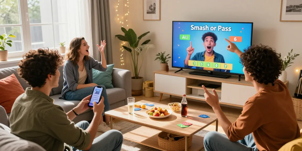 Friends enjoying a lively Smash or Pass AI game in a bright living room setting, featuring interactive AI-generated images.