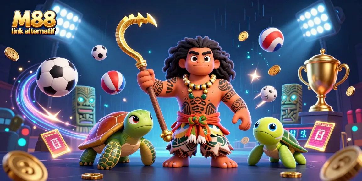 Engage in thrilling action with M88 link alternatif amidst dynamic sports betting elements and vibrant characters.