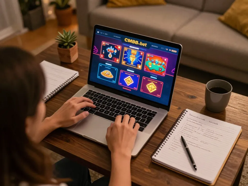 Engaging in online gaming on CM88-bet platform with strategic notes and vibrant casino graphics