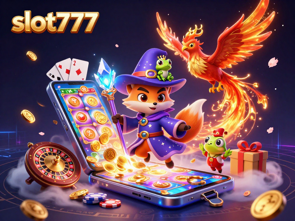 Experience the thrill of slot777 with a wizard fox, phoenix, and enchanted frog amid dazzling casino elements.
