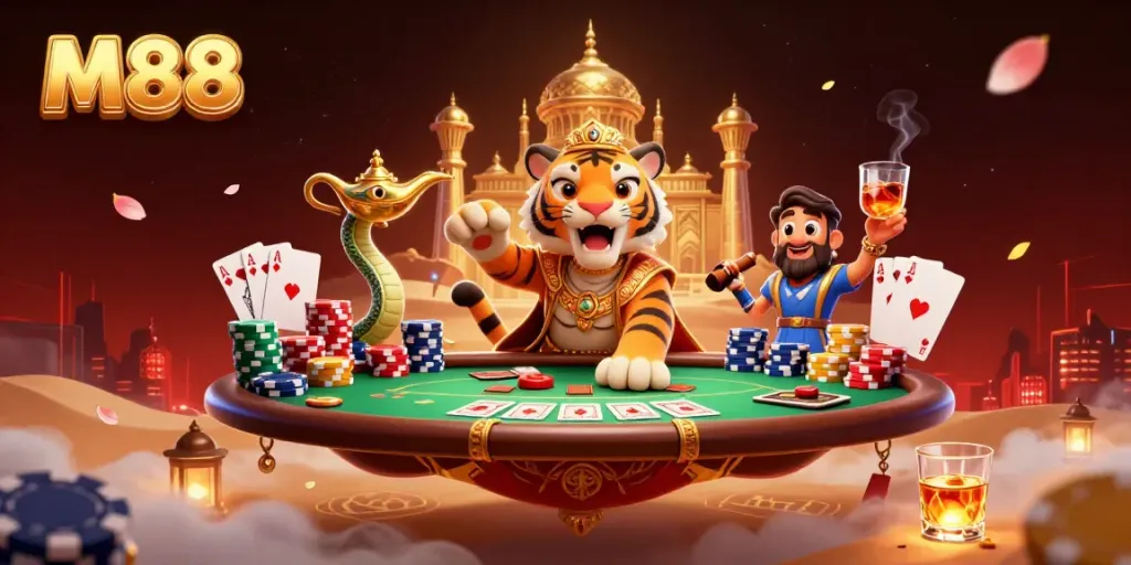 Experience the thrill of M88 with a dazzling Arabian Nights casino scene, featuring vibrant poker elements.