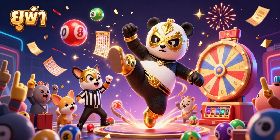 Experience the thrill of ยูฟ่า with a panda wrestler and animated lottery elements in a vibrant 3D scene.