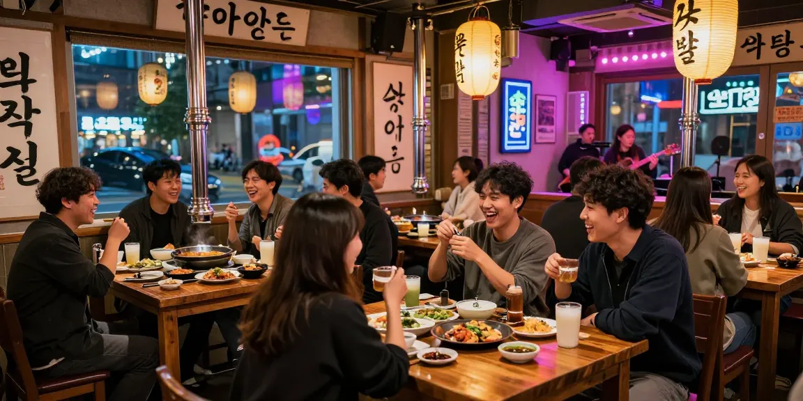 Experience the vibrant nightlife of 상봉동 한국관나이트 with friends enjoying traditional drinks and dishes in a lively bar atmosphere.