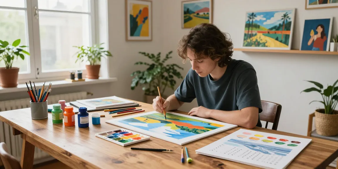Individual painting a landscape with a paint by number kit in a bright home studio.