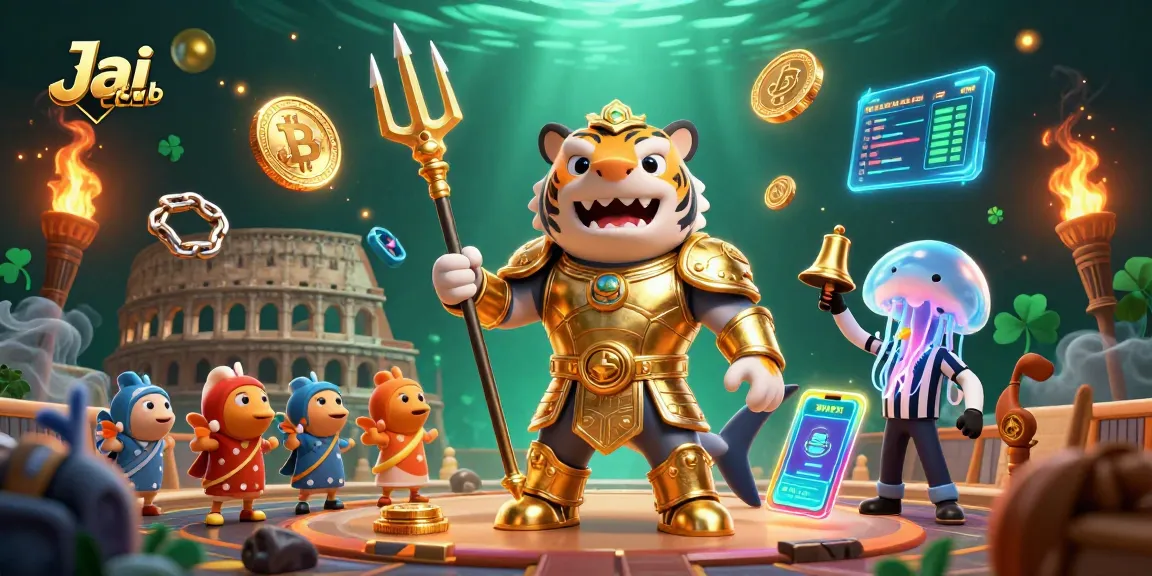 Engage with Jai club's thrilling underwater casino scene featuring a gladiatorial shark and dynamic crypto elements.