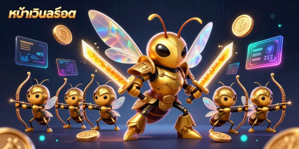 Win big at หน้าเว็บสล็อต with golden hornet samurai and bee archers amid vibrant crypto elements.