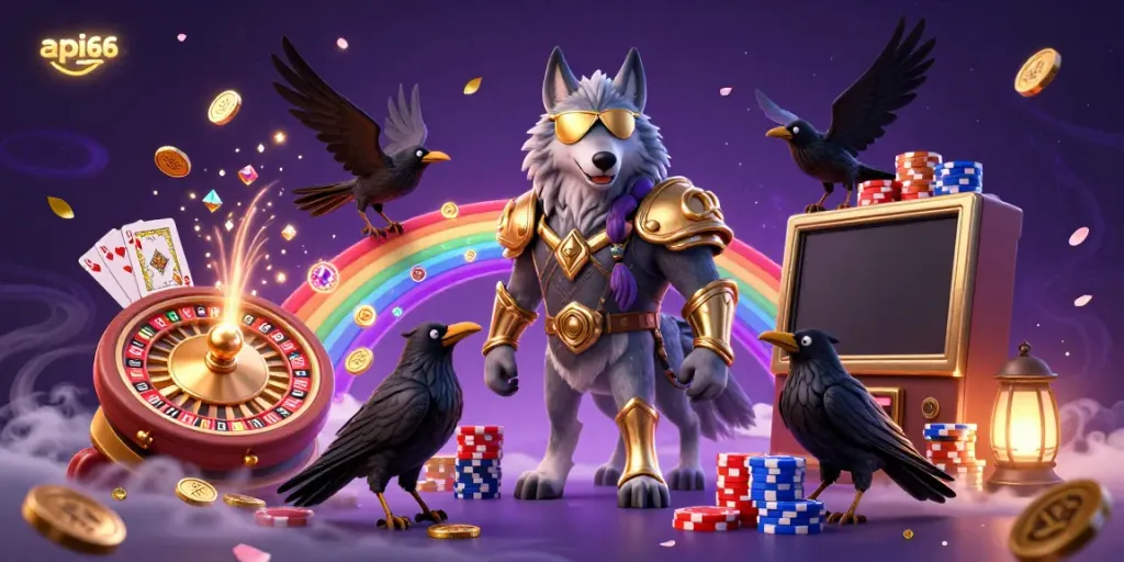 Experience the thrilling action of api66 with Odin and two ravens amidst a vibrant casino scene.