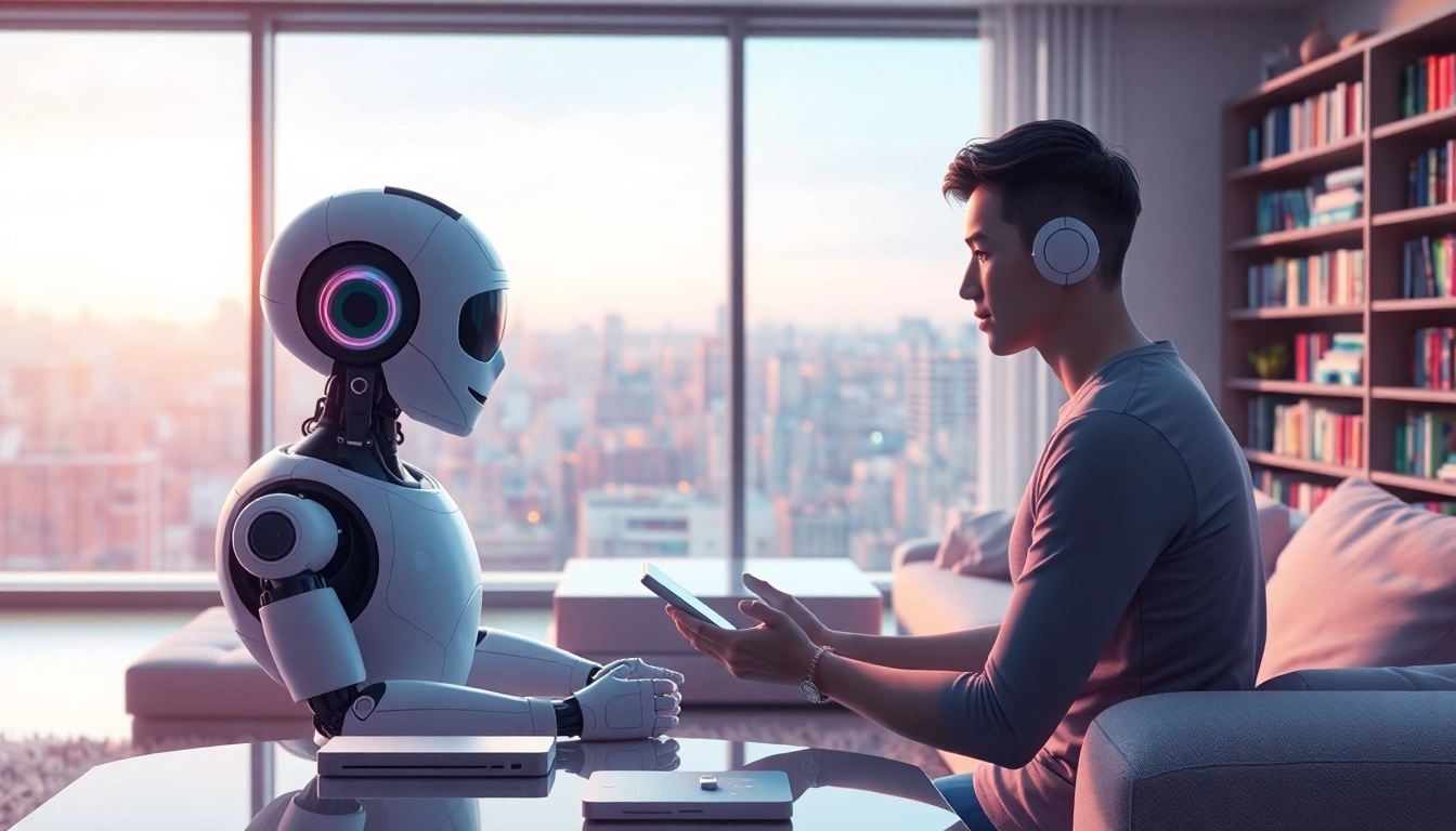 Crush on AI: A friendly AI companion interacting with a user in a cozy living room.