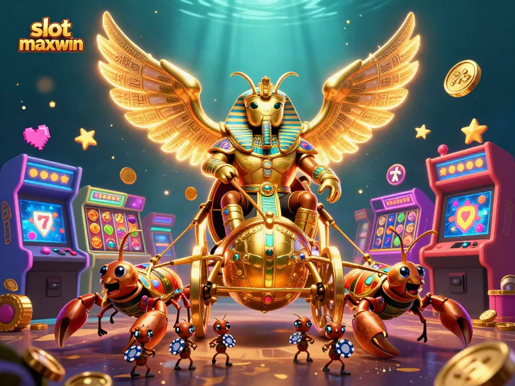 Experience slot maxwin excitement with a dazzling gold scarab and scorpion chariot in a vibrant casino world.