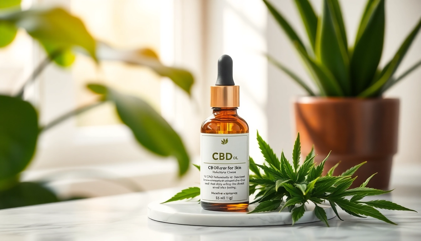 Showcasing CBD oil for skin in a serene, natural setting with plants and soft lighting.