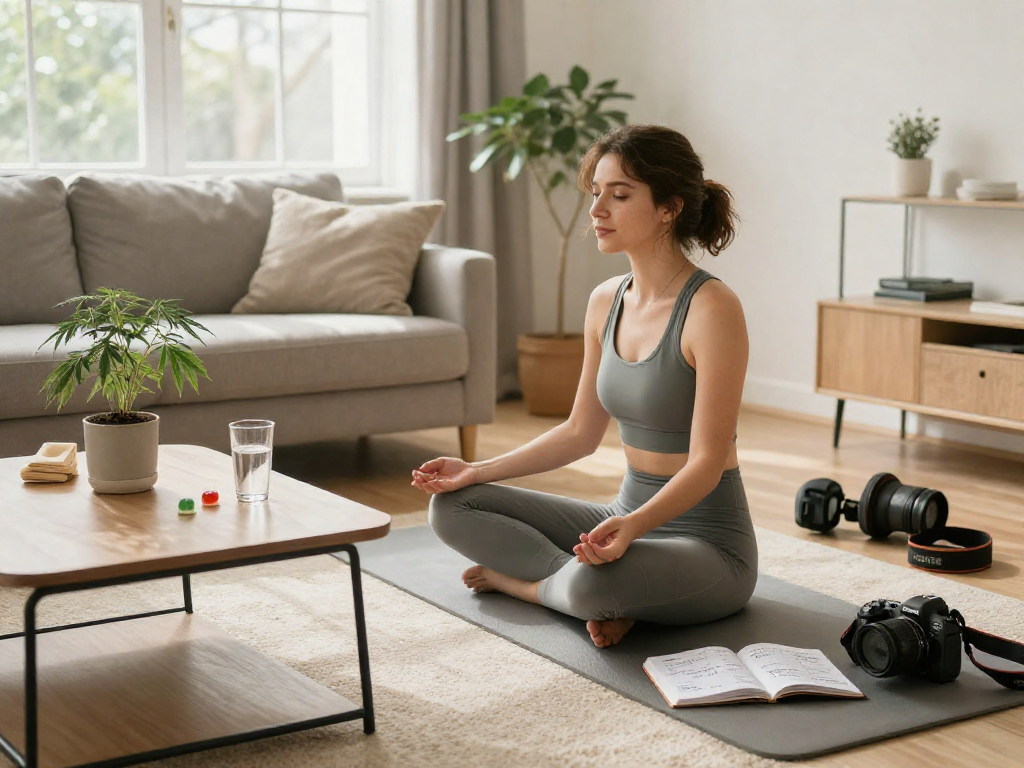 THC gummies UK for wellness routine alongside CBD oil and fitness gear, promoting relaxation and natural health.