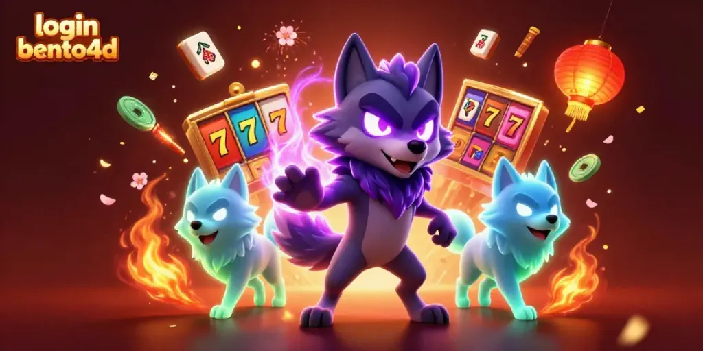 Engage in exciting games with the login bento4d, featuring slot reels, ghostly wolves, and vibrant elements.