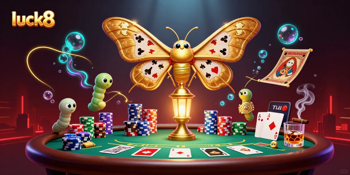 Experience excitement with luck8 in a vibrant casino scene showcasing a 3D moth and poker elements.