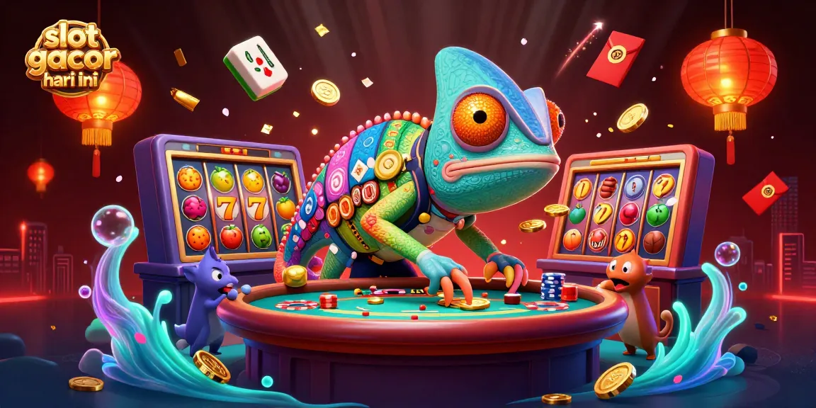 Engage with the vibrant slot gacor hari ini scene featuring a chameleon casino owner amidst exciting games.