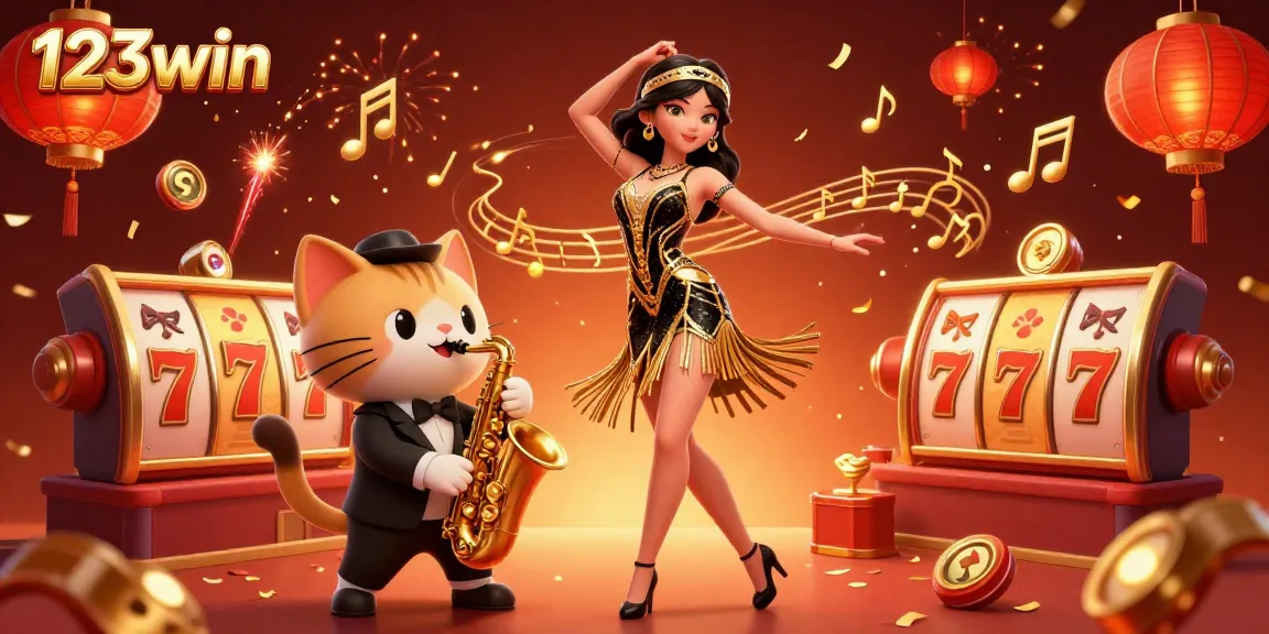 Experience the excitement of 123win with vibrant 3D casino characters, spinning slot reels, and dynamic elements.