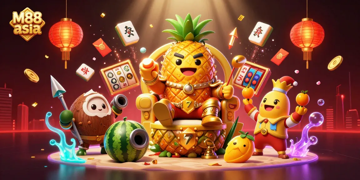 M88 asia showcases a vibrant scene of the golden pineapple king and casino elements, engaging bettors in an exciting gambling world.