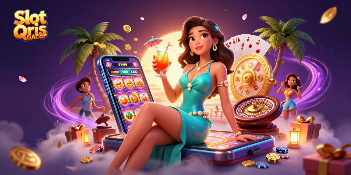 Experience excitement with Slot Qris Gacor: A vibrant 3D casino scene featuring a glamorous woman amidst colorful gambling elements.
